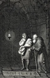 Kaiser Karl IV. am Grab von Widukind von Sachsen in Enger, Deutschland 1377 (Gravur von Johann Michael Mettenleiter)