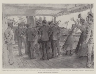 Internationale Höflichkeit auf dem Weg nach China, der deutsche Dampfer Prinz Heinrich grüßt HMS Highflyer mit der britischen Nationalhymne in Suez