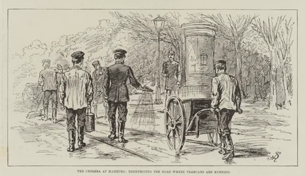 Die Cholera in Hamburg, Desinfektion der Straße, auf der Straßenbahnen fahren