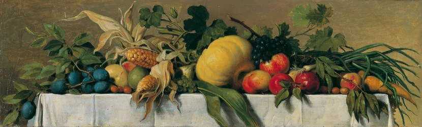 Stillleben mit Obst und Gemüse auf weißem Tischtuch