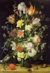 Stillleben mit Blumen und Blaumeise
