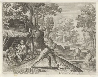 Adam und Eva bei der Arbeit außerhalb des Paradieses (Serie: Geschichte der Familie von Kain / Über gute und schlechte Arbeiten, Boni et mali scientia)