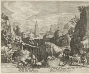 Felsenlandschaft mit der Fabel vom Esel und dem Wildschwein