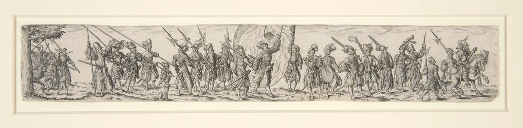 Marschierende Soldaten mit einem Fahnenträger