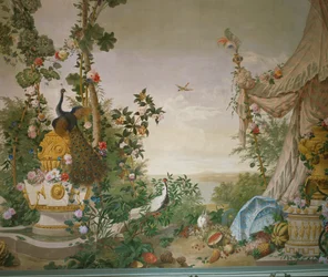 Gartenszene mit Pfau und Zelt im Gartenzimmer des Schlosses Schönbrunn