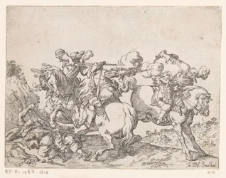 Zwei Musketiere zu Pferd beschießen einen Reiter (Kampfszenen)