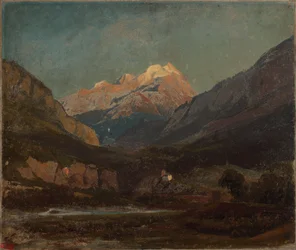 Schweizer Gebirgslandschaft mit Kapelle und fernem Schneegipfel