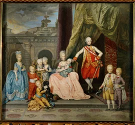 Piero Leopoldo, Großherzog der Toskana, später Kaiser Leopold II., seine Frau Maria Ludovica von Spanien und acht ihrer sechzehn Kinder