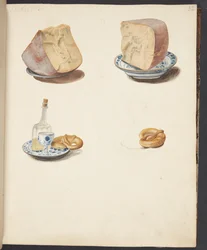 Stillleben mit Käse, Schnaps und Brezel