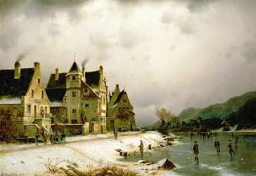 Eine Winterflusslandschaft mit Figuren, die auf dem Eis bei einem Dorf Schlittschuh laufen