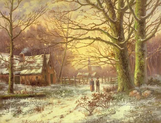 Figuren auf einem Weg vor einem Dorf im Winter