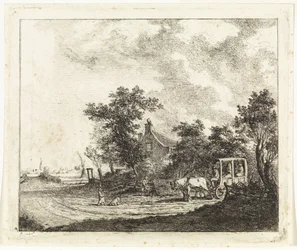 Pferd und Wagen vor einem Haus