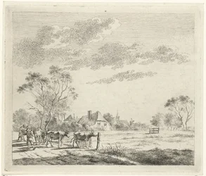 Landschaft mit Bauernhof und Kühen