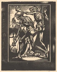 Zwei nackte Männerfiguren mit Glocke und Kerzenlöscher