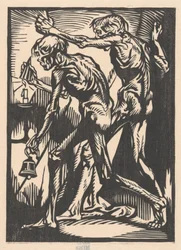 Zwei nackte Männerfiguren mit Glocke und Kerzenlöscher