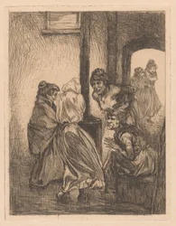 Vier Frauen, die sich um einen Ofen drängen