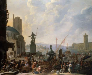 Ein Capriccio eines Mittelmeerhafens mit Berninis Tritonbrunnen und ein Capriccio des Palais du Louvre, 1651