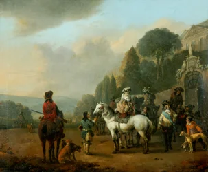 Eine Gruppe von Falknern vor den Toren eines Schlosses