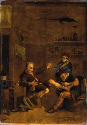 Ein Chirurg behandelt den Fuß eines Mannes. Mezzotinto nach einer Komposition, die Johannes Lingelbach zugeschrieben wird.