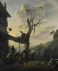 Gebirgslandschaft mit tanzenden und musizierenden Bauern vor einem Gasthaus