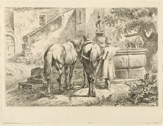 Trinkende Pferde bei einem Brunnen