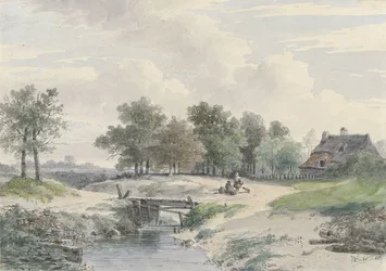 Landschaft mit Brücke und Figuren vor einem Bauernhof