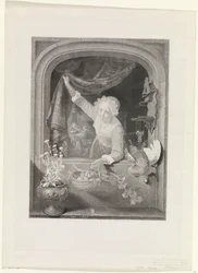 Frau mit Korb mit Früchten in der Hand am Fenster