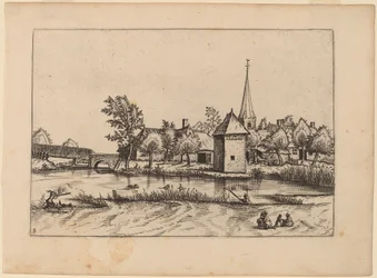 Dorf mit Kirche und Brücke