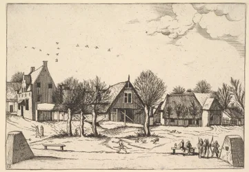Dorf auf dem Land, Bogenschützen im Vordergrund aus Multifariarum casularum ruriumque linea, 1559-61