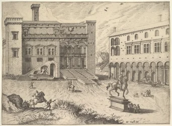 Ansicht des Campidoglio auf dem Kapitolinischen Hügel, mit Reiterstatue unten rechts, 1562