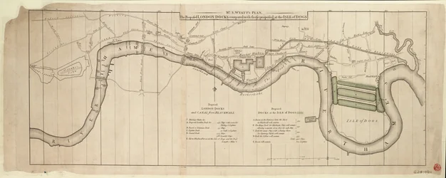 Mr. S. Wyatts Plan, die vorgeschlagenen Londoner Docks im Vergleich zu denen, die auf der Isle of Dogs vorgeschlagen wurden