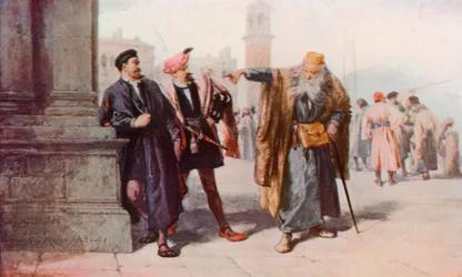 Shakespeare: Die Köderung von Shylock, Der Kaufmann von Venedig, Akt III, Szene 1 (Farblithografie)