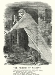 Karikatur: Die Nemesis der Vernachlässigung - Armut und Kriminalität in London zur Zeit der Jack the Ripper-Morde (Gravur)