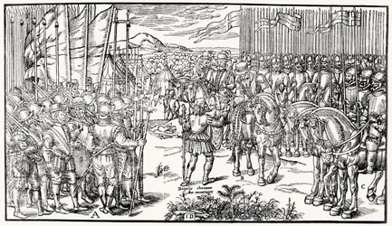 Die englische Armee wird zur Schlacht aufgestellt, während Sidney selbst mit einem trotzigen Boten der Iren verhandelt, Platte 7 aus 
