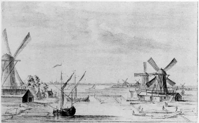 Ein Blick auf die Holzsägemühlen an der Zaan, die Stadt Zaandam dahinter