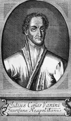 Porträt von Lucilio Vanini, bekannt als Giulio Cesare Vanini (1585-1619), italienischer Philosoph, Arzt und Freidenker, der zu den ersten bedeutenden Vertretern des intellektuellen Libertinismus gehörte