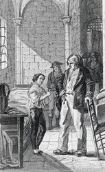 Der Dauphin Louis Charles und sein Betreuer Antoine Simon im Tempelgefängnis, Gravur von Philippoteaux und Girardet, Französische Revolution, Frankreich