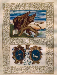 Der geflügelte Löwe von Venedig und die Wappen von Leffe und Gandino, Miniatur aus dem Privilegio della Serenissima alla Val Gandino, 18. Juni