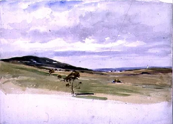 Landschaft mit Windmühle und Dorf, 19. Jahrhundert