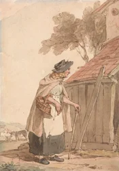 Eine alte Frau trägt einen Korb