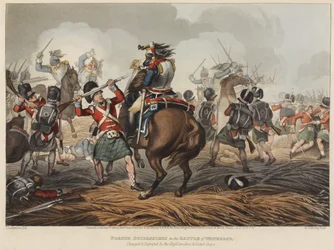 Französische Kürassiere in der Schlacht von Waterloo, angegriffen und besiegt von den Highlandern und Scotch Greys, graviert von M. Dubourg, 1819