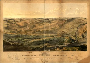 Schlachtfeld von Gettysburg. Schlacht bei Gettysburg, Pa., 1., 2. und 3. Juli 1863 von den Bundes- und Konföderierten Armeen, jeweils kommandiert von Genl. G. G. Meade und Genl. Robert E. Lee