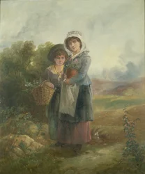 Zwei Landmädchen tragen Blumen