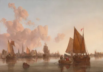 Segelboote und Lastkähne auf einem niederländischen (?) Ästuar