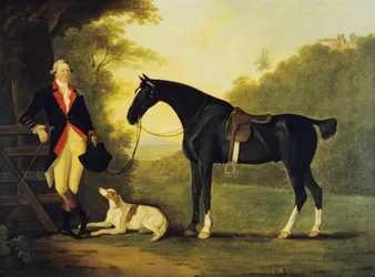 Offizier der Royal Horse Guards mit seinem Pferd und Hund