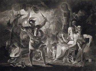 Macbeth, die drei Hexen und Hekate in Akt IV, Szene I von 