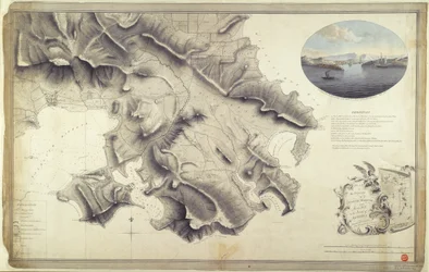 Plan der Umgebung des English Harbour und Monks Hill auf der Insel Antigua, vermessen und gezeichnet von John Brown, Vermesser und Zeichner der Armee in Westindien