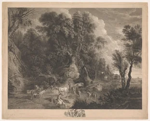 Landschaft mit Hirten und Herde an einer Tränke