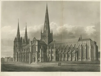 Lichfield Kathedrale - Südostansicht: Aquatinta-Radierung, undatiert [?19. Jahrhundert]