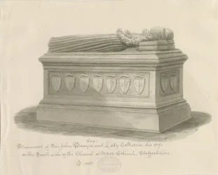 Maer Church - Denkmal für Sir John Bowyer und Lady Catherine: Sepiawaschzeichnung, 1843